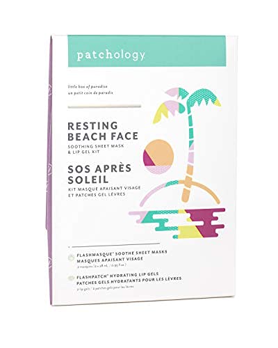 Patchology Resting Beach Face Kit - Soothing Sheet Mask with Aloe Vera and Hydrating Lip Gel - Face Masks Skincare Sheet and Dry Lip Treatment - Skin Care Face Mask for Men and Women (2 Pairs)