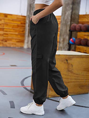 Sweatyrocks Women's Casual Elastic Waist Jogger Workout Cargo Pants With Pocket Pure Black L #TOP1