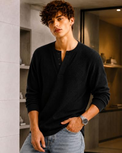 Image of AUSK Men's Waffle Knit Henley T-Shirt | Cotton Blend Full Sleeve Textured Casual T Shirt | Regular Fit Button Placket Round Neck Tshirt for Men