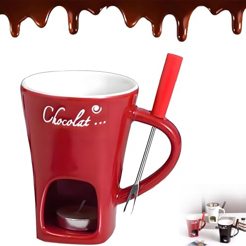 Chocolate Fondue Mug with Forks,Ceramic Butter Warmers Pot Set,Chocolate Melting Cup,Ceramic Cheese Melting Cup,Fondue Heated with a Tealight,Warmer Mug for Candy Snack Caramel Party (red)