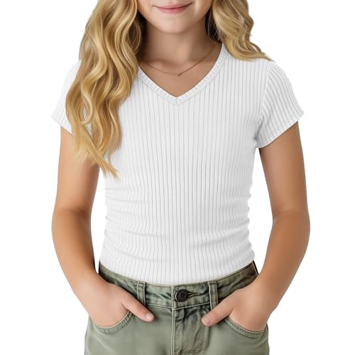 LessonZoo Girl's Shirts Cap Sleeve Ribbed Tops, White, 7-8 Years