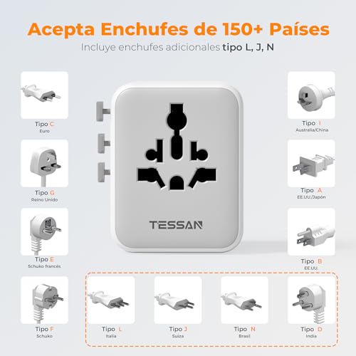 Miniatura 4 de Tessan Adaptador Enchufe Universal, Enchufe Universal Viaje Con 2 Usb Y 3 Usb C, Adaptador De Viaje Para Usa, Uk, Irland, Austuralia, Cargador Para Más De 224 Países, Travel Plugs
