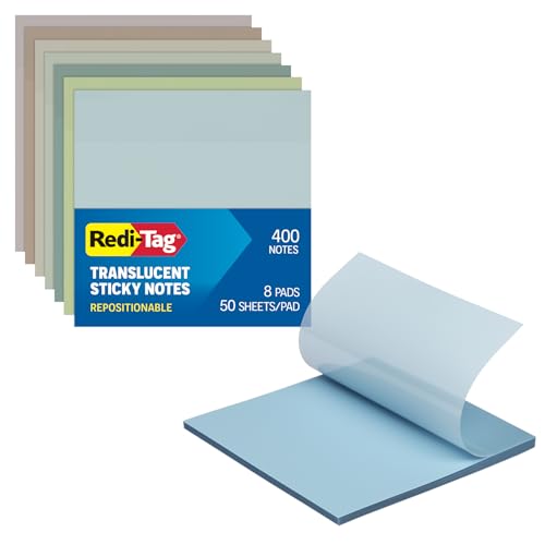 Redi-Tag Translucent Sticky Notes, Transparent Self-Stick Notes, 3" x 3", Calming Colors, 8 Pads, 50 Notes Per Pad, 400 Sheets (1006594)