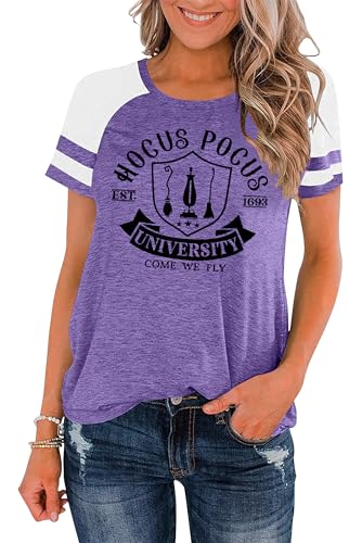 Halloween Shirts Women Hocus Pocus Shirt Funny Pumpkin Heart Graphic Tees Boo Short Sleeve Fall TopsPurple4 Large
