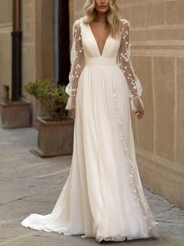 Long Sleeves Wedding Dresses for Bride Lace Chiffon A Line Long Beach Bridal Dress for Women4