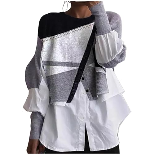 Sweaters for Women Trendy Lantern Long Sleeve Crewneck Shirts Spliced Two Knitted Sweater Spring Fall Fashion Clothes