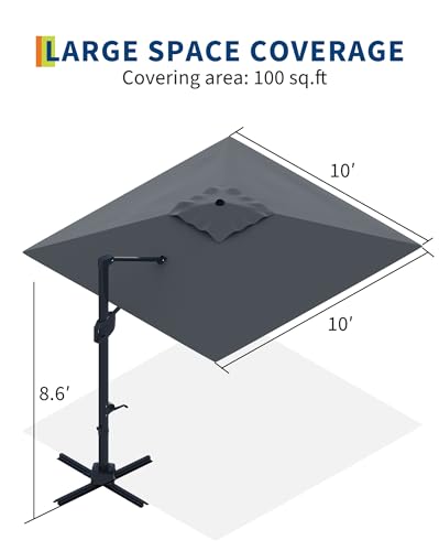 Large Cantilever Patio Umbrella, 10' X 10' Heavy Duty Aluminum Cantilever Offset Outdoor Umbrella with 360-Degree Rotation for Backyard, Deck, Pool, Gray