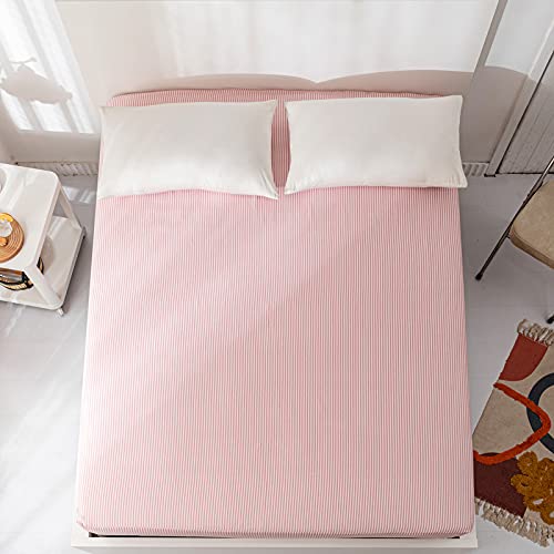 Aojim Pure Cotton Printing Pinstripe Fitted Sheet, 1 Piece Twin Size 39"X75"With 15" Deep Pocket Design Patterns Pink/White Stripes Striola Mattress Cover For Kids/Adults #TOP4