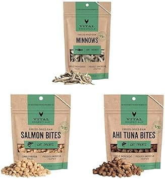 Vital Essentials Freeze-Dried Cat Treats Variety Pack | Minnows, Salmon Bites, Ahi Tuna Bites | No Fillers, No Dyes, No Additives, No Grains, No Gluten | Made in USA | 3 Pack