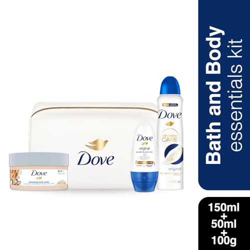 Image of Dove Bath & Body Essentials Kit - Advanced Care Deodorant (150 ML), Roll On (50 ML) & Exfoliating Body Polish (100 G) + Travel Pouch