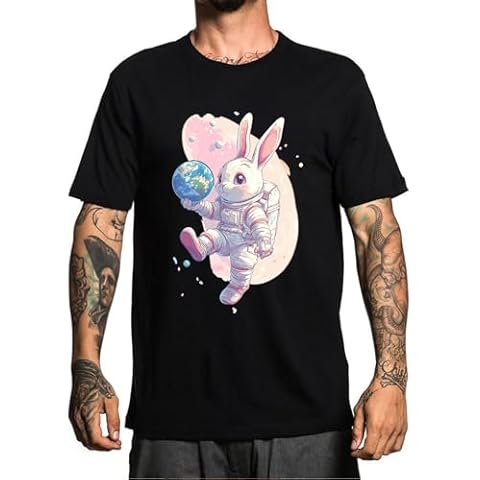 Pengzitou Men's Space Rabbit Graphic T-Shirt, Lightweight Casual T-Shirt, Short Sleeve Printed top S-3XL (Space Rabbit-L) Cover