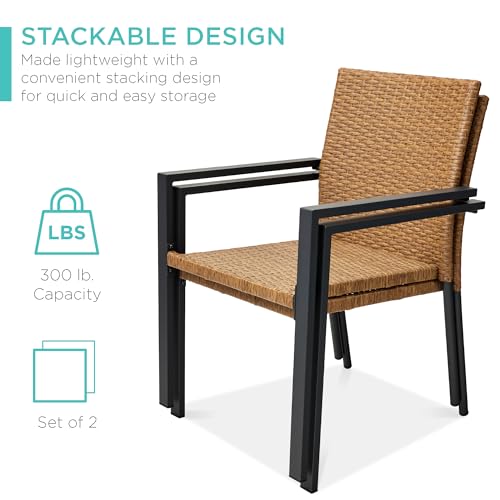 Image of Best Choice Products Set of 2 Stackable Outdoor Wicker Dining Chairs All-Weather Firepit Armchair w /Armrests, Steel Frame for Patio, Deck, Garden, Yard - Natural