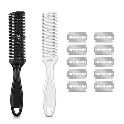 Peigne Rasoir, Peigne Coupe Cheveux Effileur Cheveux, Outil de Coiffure à Domicile pour Éliminer les Fourches et Créer des Dégradés, 2 Peignes avec 10...