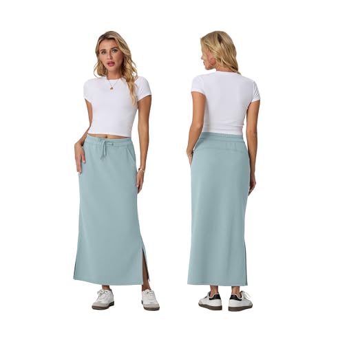 Image of Lepunuo Women's High Waisted Sweat Maxi Skirt with Pockets Slit | Ultra Soft Sweat Fabric, High Waist Drawstring, Deep Phone Pockets, Side Slit for Movement, Ideal for Lounge Travel