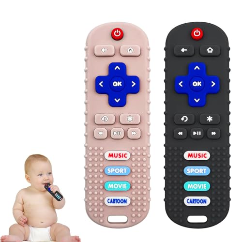 2Pack Teething Toys for Babies, Remote Control Shape Silicone Teether Toys,Baby Teethers for Toddlers Boys Girls (Black + Coral Color)