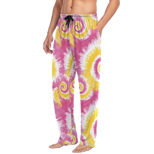Vdsrup Men's Pajama Pants Tie Dye Yellow Pink Pajama Pants for Men PJs Bottoms Drawstring Pockets Sleep Lounge Pants S4