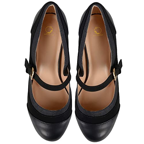 SHODENSE Women Kitten Heel Mary Jane Pumps Closed Round Toe Ankle Strap Patchwork Comfy 3” Mid Chunky Mary Jane Heels Cap Toe Two Tone Buckle Dress Shoes Ladies Wedding Vintage 4-11 M US3