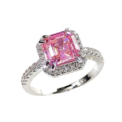 Vsoruln 925 Sterling Silver Shiny Full Diamond Ring Square Pink Princess RingCocktail Rings Round Cut Cubic Zirconia Promise Rings CZ Diamond Halo Ring Eternity Engagement Band Ring for Women (6)