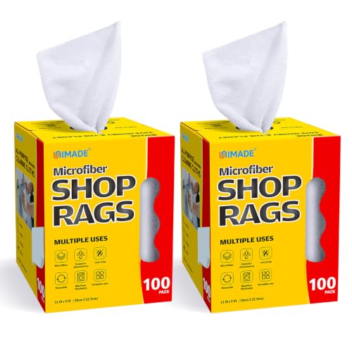 Image of UNIMADE Shop Rags, 2 Boxes - 200 Sheets Microfiber Cleaning Cloth | Commercial Grade Washcloths Lint-Free Bulk Shops Towels for Cars Mechanic Restaurant Garage Housekeeping, 11 inchx 9 inch, White