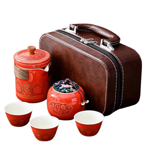 Yertelon 茶器セット陶器 旅行ティーセット 携帯用 旅行 収納バッグ付き 中国茶器 急須 湯呑セット カップポータブル 旅行用茶具セットギフト (レッド, ハンドバッグ)