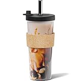 Dodoko Tasse à thé boba réutilisable avec paille – Tasse à thé aux perles – Tasse réutilisable pour café glacé – Tasse à smoothie avec couvercle et paille – 710 ml – Noir nuit