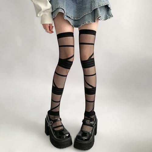 Image of Y2K Patterned Sheer Tights for Women Gothic Punk Thigh High Pantyhose Harajuku Lolita Bandage Fishnet Stockings