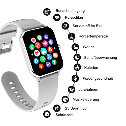 IOWODO Smartwatch Damen Herren 1,69'' Uhren IP68 Wasserdicht Fitnessuhr Tracker mit Pulsschlag SpO2 Schrittzähler Temperatur Schlafmonitor 25 Trainingsmodi Smart Watch für Android iOS (Grau) – Bild 7