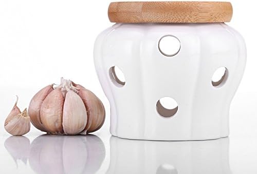 Garlic Keeper Vented Ceramic Storage Container White Stoneware with Bamboo Lid