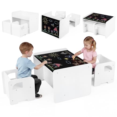 Olakids Montessori Weaning Table and Chair Set, Adjustable Height Kids Activity Desk with Blackboard 2 Chairs for Toddler Aged 1-3, Ideal for Step Stool Drawing Reading (White)