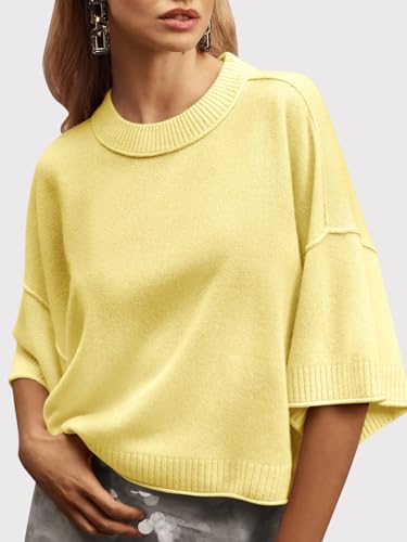 Image of Saodimallsu Womens Short Sleeve Sweater Summer Oversized Cropped Sweaters Casual Crewneck Lightweight Knit Tops