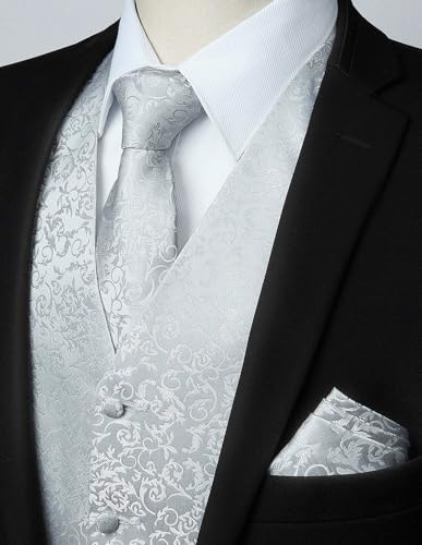 Image of HISDERN Mens Vest Tie Set 3PC Formal Waistcoat Paisley Floral Jacquard Necktie Pocket Square Suit Vests Wedding Party