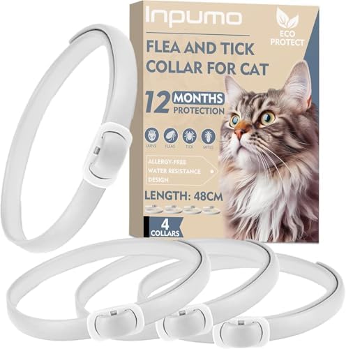 Collar Antiparasitario Gatos, Impermeable Collar Antipulgas Gatos Natural, Protección 12 Meses, Ajustable 48 cm Seguro y Cómodo para Todo Tipo de Gatos (4 Piezas)