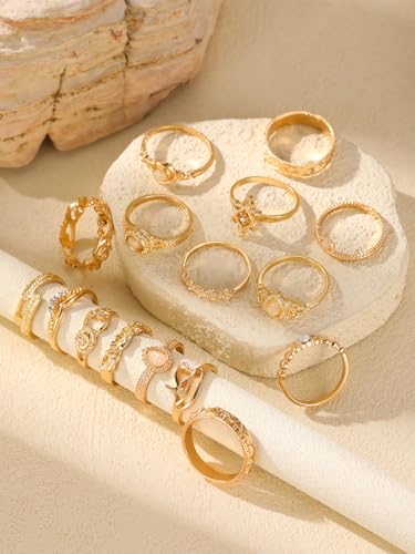 15 PCS Vintage Gold Rings Set, Fashionable Stackable Finger Rings for Women, Elegant Band Ideal for Engagement, Anniversary, or Special Celebrations, Trendy Jewelry Collection (Gold)3
