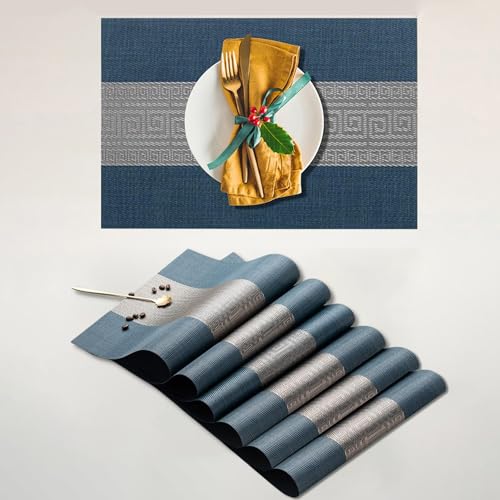 Image of YELONA Placemats Set of 6, Heat-Resistant Woven Vinyl Table Mats, Non-Slip & Washable Dining Tablemats for Kitchen & Dinner Decor, Midnight Blue (45cm x 30cm)