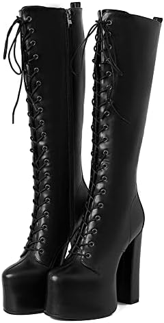 LinnOaks Womens Knee High Boots Round Toe Lace up Chunky High Heel Boots Fashion Goth Punk Motorcycle Boots​ Ladies Comfy Evening Dress Shoes Black Platform Boots for Women