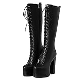 LinnOaks Womens Knee High Boots Round Toe Lace up Chunky High Heel Boots Fashion Goth Punk Motorcycl