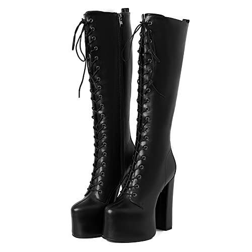 Linnoaks Womens Knee High Boots Round Toe Lace Up Chunky High Heel Boots Fashion Goth Punk Motorcycle Boots​ Ladies Comfy Evening Dress Shoes Black Platform Boots For Women #TOP2
