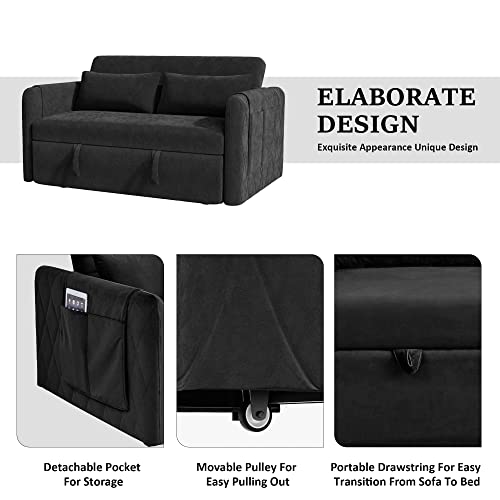 Ucloveria Convertible Sleeper Sofa Bed, Pull Out Couch Bed With 2 Detachable Arm Pockets, Adjustable Velvet Loveseat Futon Sofa Couch For Living Room Bedroom, 55" 2-Seater Lounge Sofa,Black #TOP7