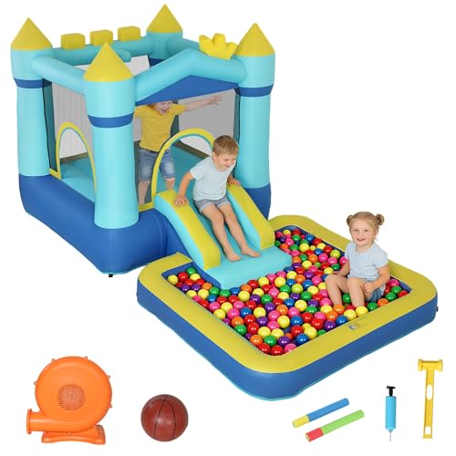 AIYAPLAY Castillo Hinchable para Niños con Soplador, Castillo Hinchable con Tobogán, Cama Elástica, Piscina y Aro de Baloncesto, para Niños 3 8 Años, Interior y Exterior, 364x173x182 cm, Azul