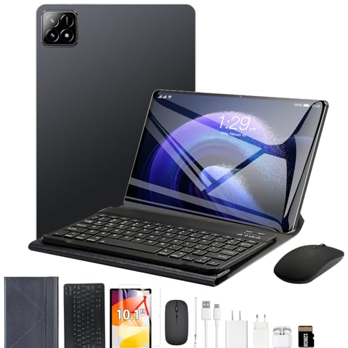 Tablet 3 em 1 com estojo/teclado/mouse/cartão de memória, 10,1 polegadas, Android 14, 16GB de RAM + 512GB de ROM, câmera de 8MP + 16MP, GPS, bateria de 8800mAh,Wi-Fi Edition (preto)