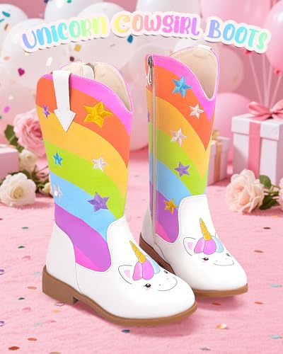 Toddler Girls Cowboy Boots Unicorn Cowgirl Boots for Girls Zipper Mid Calf Kids Western Boots for Costume Party Birthday Dance4