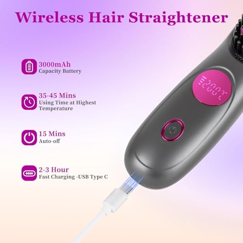 Mini peigne à cheveux raides sans fil portable avec écran LED noir