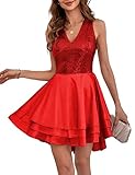 Lrady Women's Sequin Glitter V Neck Skater Mini Club Cocktail Party Swing Dress, Red, X-Large