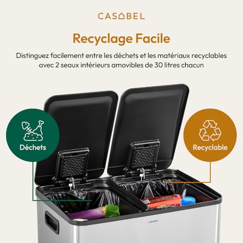 CASABEL Poubelle Cuisine Double 2x30L en Acier Inoxydable, Chrome – vue 5