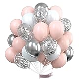 PartyWoo Pink Balloons, Pink Silver and White Balloons Pack of Pale Pink Latex Balloons, White Balloons, Metallic Balloons, Confetti Balloons for Pink Silver Birthday, Pink and Silver Wedding Party