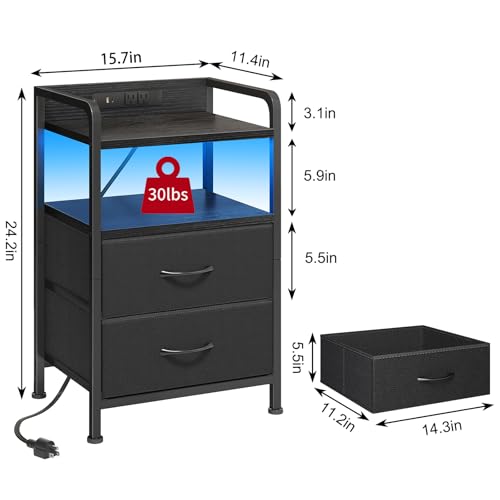 Image of Fixwal Night Stand for Men Bedroom with 2 Fabric Storage Drawers and Shelves, Nightstand with Charging Station & LED Lights, Black
