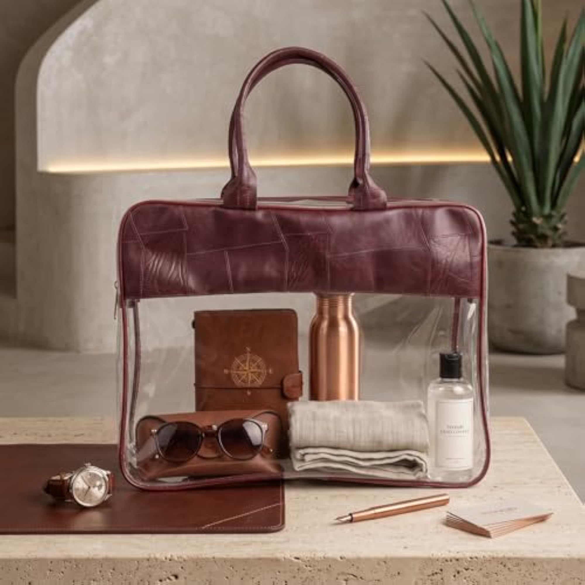 Clear Tote Bag with Leather Handles for Travel Organising