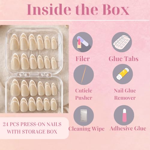 Image of Press On Nails Kit for Women 24 Pcs | Half Moon French Beige Artificial Nails | Almond Shape Glossy Reusable Fake Nails Extensions | False Nails Press On | Includes Nail Glue & Remover, Glue Tabs, Nail Filer, Cuticle Stick & Storage Case