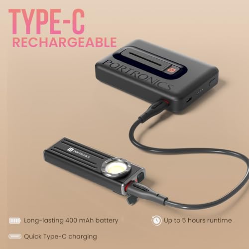 Image of Portronics Eco Glow Bolt Rechargeable Magnetic LED Torch, 650 Lumens, 3 Modes, Type-C Charging, Pocket Clip, Aluminium Body, 35m Beam Range, Ideal for Camping, Repairs, Car, Emergency & Home Use