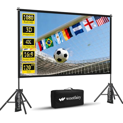 Image of Projector Screen with Stand, Wootfairy 120 inch Portable and Foldable Indoor Outdoor Projection Screen 16:9 4K HD Rear Front Wrinkle-Free Movie Screen with Carry Bag for Home Theater Backyard Cinema
